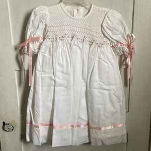 NWT White/pink smocked dress with ribbon and crochet flower details